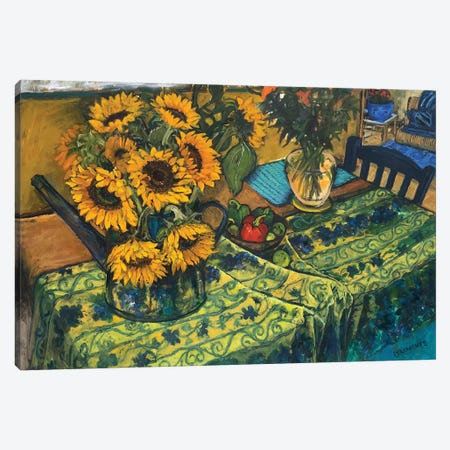 Sunflowers And French Tablecloth Canvas Print #PCC46} by Patricia Clements Canvas Print