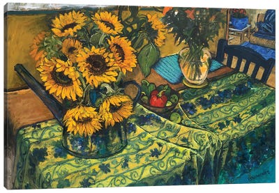 Sunflowers And French Tablecloth Canvas Art Print - Patricia Clements