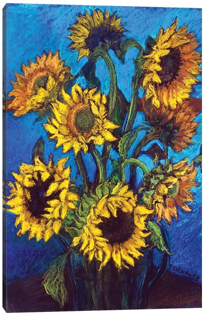 Sunflowers And Kingfisher Blue Canvas Art Print - Blue & Yellow Art