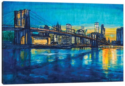 Blue Brooklyn Bridge To Manhattan Canvas Art Print - Famous Bridges