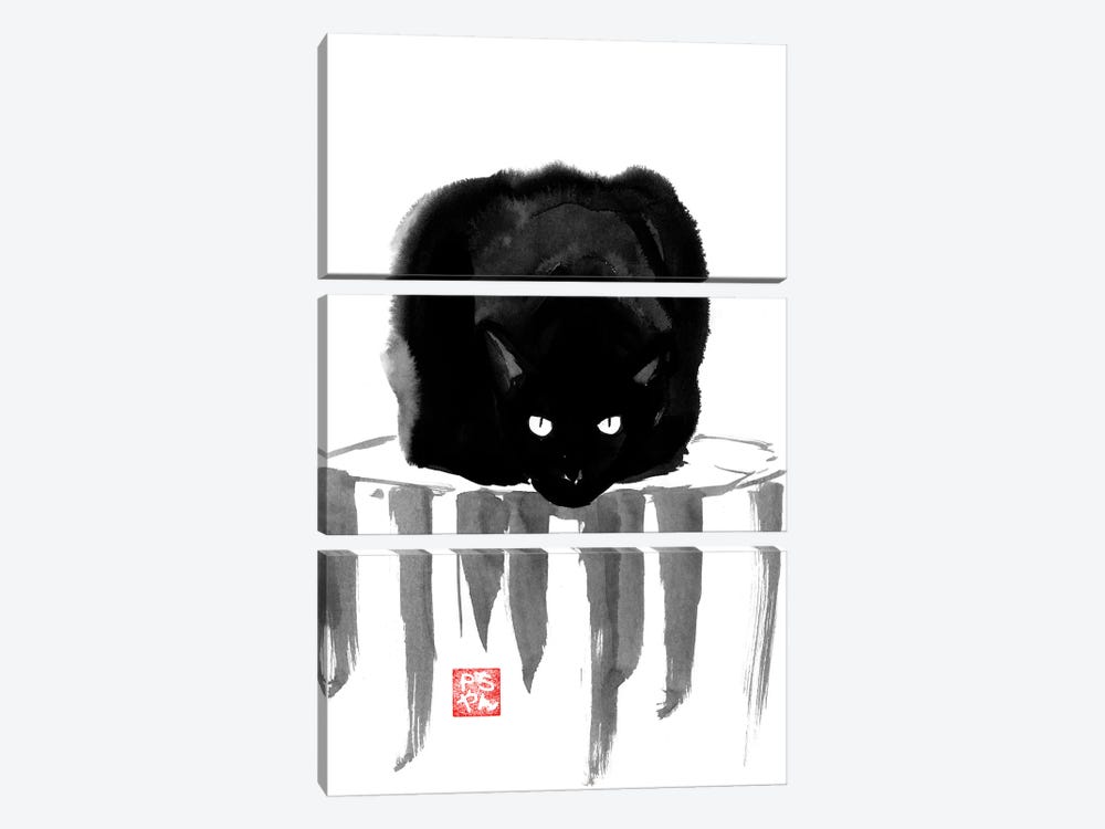 Black Cat On Wood by Péchane 3-piece Canvas Art Print