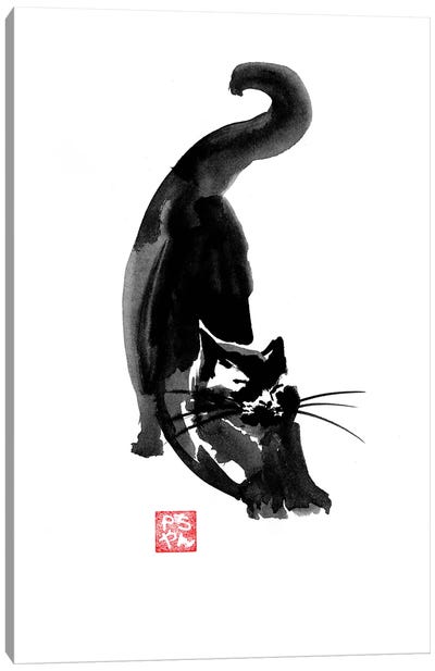 Stretching Cat Canvas Art Print - Black, White & Red Art