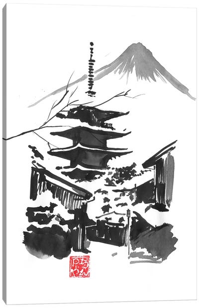 Fuji San And Temple Canvas Art Print - Black, White & Red Art