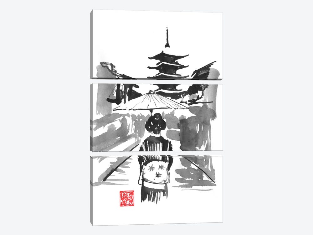 Geisha And Pagode by Péchane 3-piece Art Print