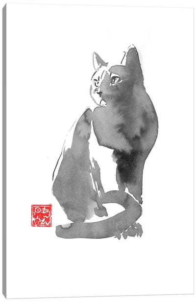 Gray Cat Canvas Art Print - Black & White Minimalist Décor