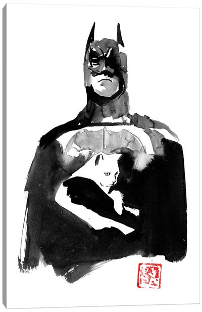 Batman With His Cat Canvas Art Print - Superhero Art