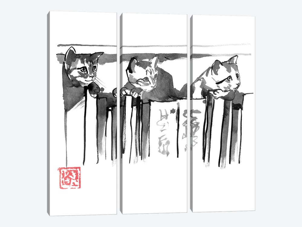 Cats In Library by Péchane 3-piece Canvas Art Print