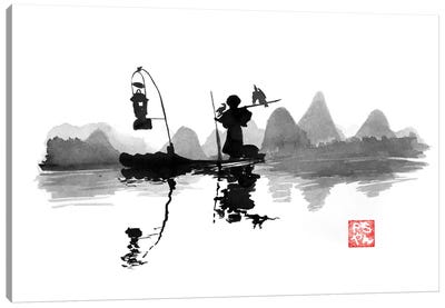 Fishing At Night Canvas Art Print - Black, White & Red Art