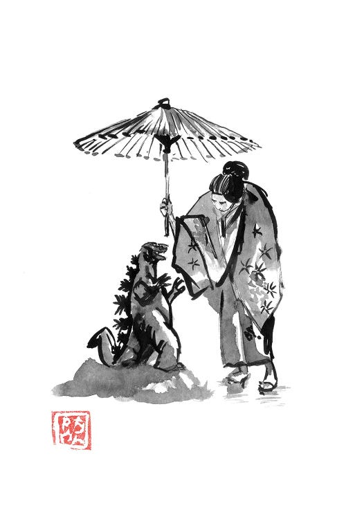 Geisha Protecting Small Godzilla