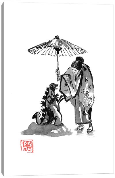 Geisha Protecting Small Godzilla Canvas Art Print - Japanese Décor
