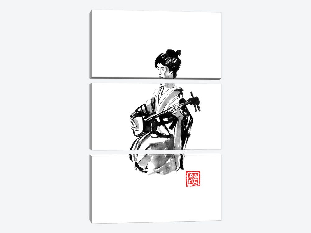 Geisha Playing Shamisen by Péchane 3-piece Canvas Art Print