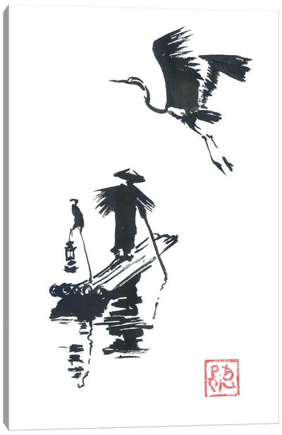 Fisherman And Stork Canvas Art Print - Fishing Art