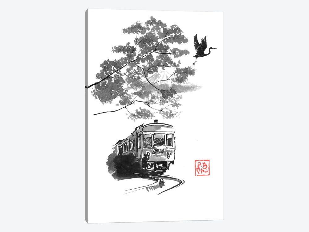 Train, Stork And Fuji by Péchane 1-piece Canvas Art Print