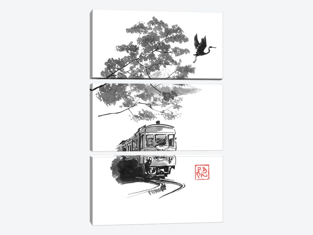 Train, Stork And Fuji by Péchane 3-piece Art Print