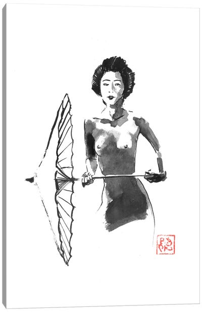Nude Geisha And Umbrella Canvas Art Print - Geisha