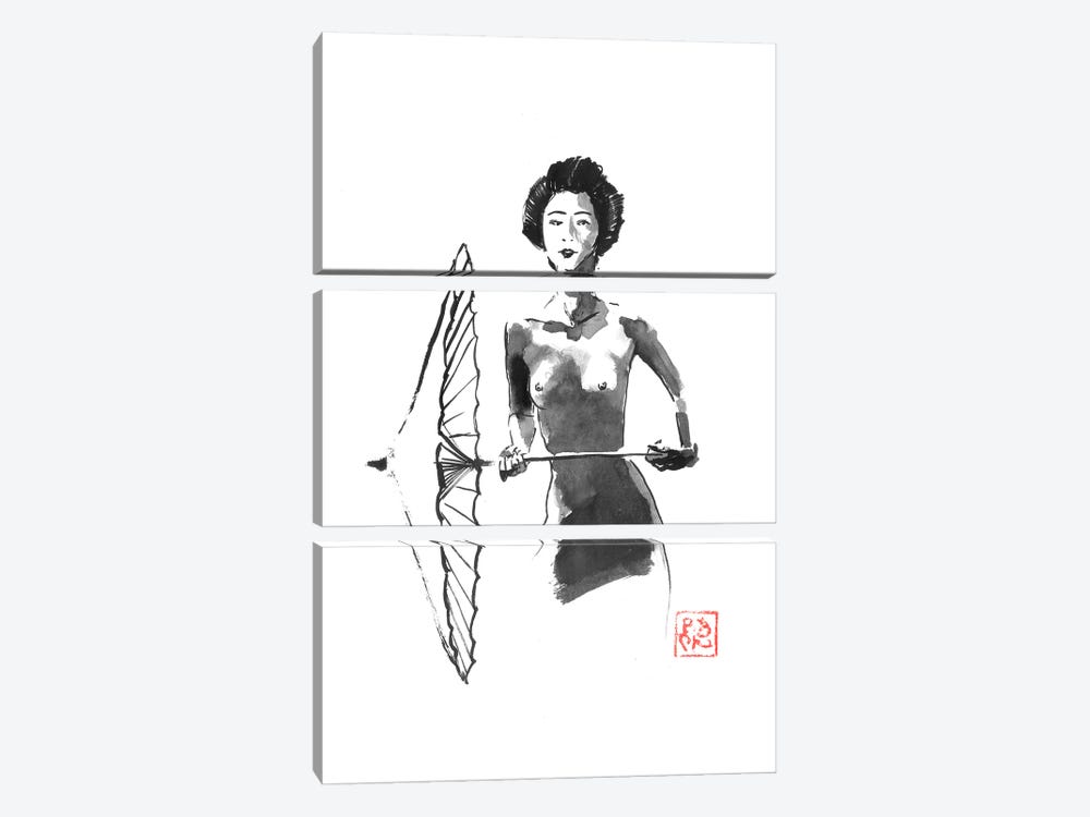 Nude Geisha And Umbrella by Péchane 3-piece Canvas Artwork