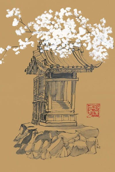Cherry Blossoms: Shrine On Brown Paper by Péchane