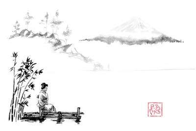 Péchane - Framed Canvas Art: Geisha Waiting At The Lake by Péchane