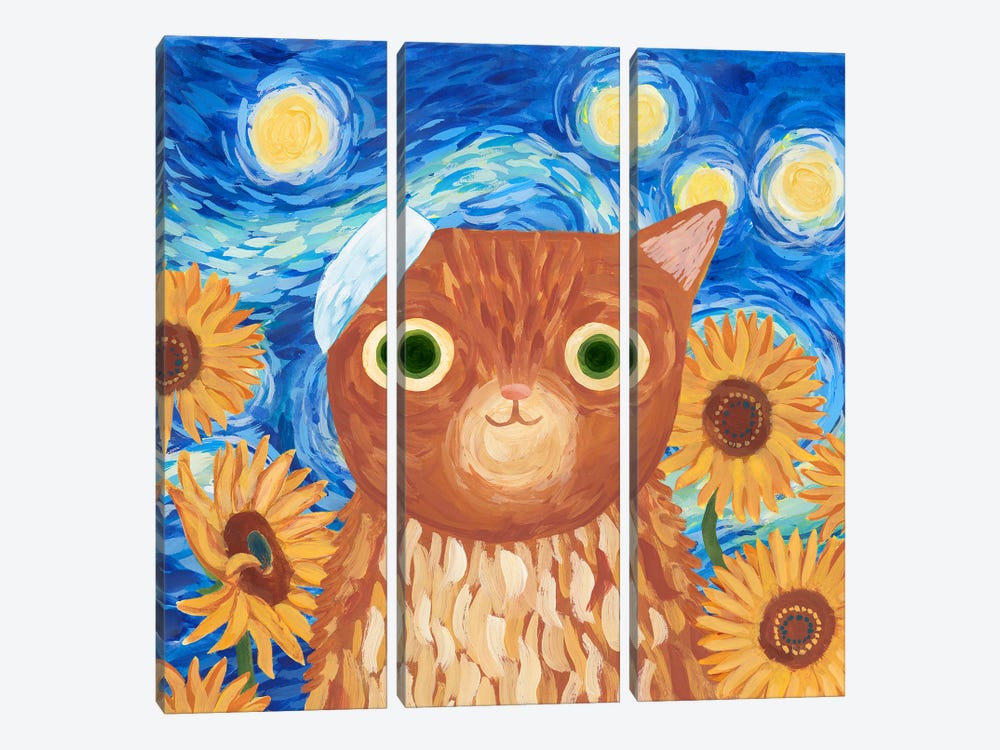Vincat Can Gogh by Planet Cat 3-piece Canvas Wall Art