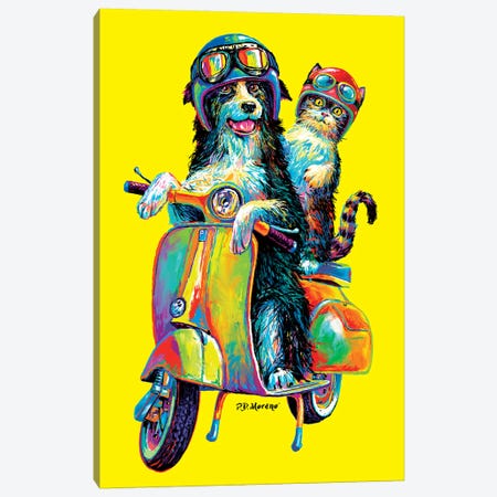 Couple On Scooter In Yellow Canvas Print #PDM100} by P.D. Moreno Canvas Art