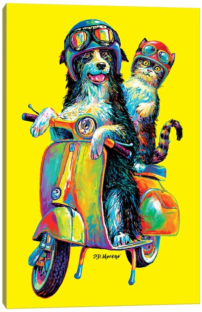 Couple On Scooter In Yellow Canvas Art Print - Friendship Art