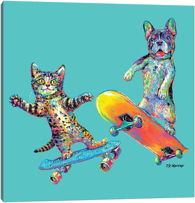 Couple Skateboards In Aqua Canvas Art Print - P.D. Moreno