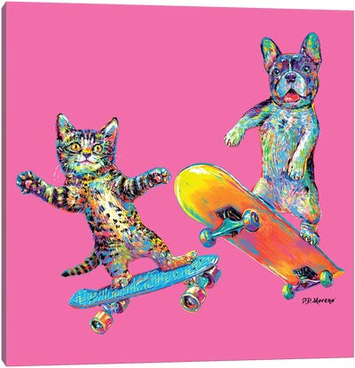 Couple Skateboards In Pink Canvas Art Print - Friendship Art