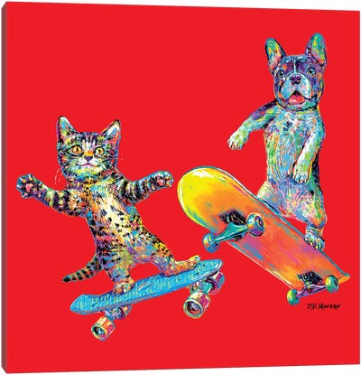 Couple Skateboards In Red Canvas Art Print - Friendship Art