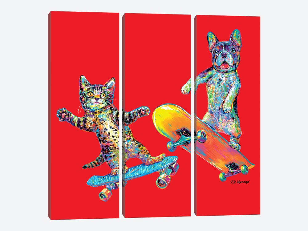 Couple Skateboards In Red by P.D. Moreno 3-piece Canvas Art