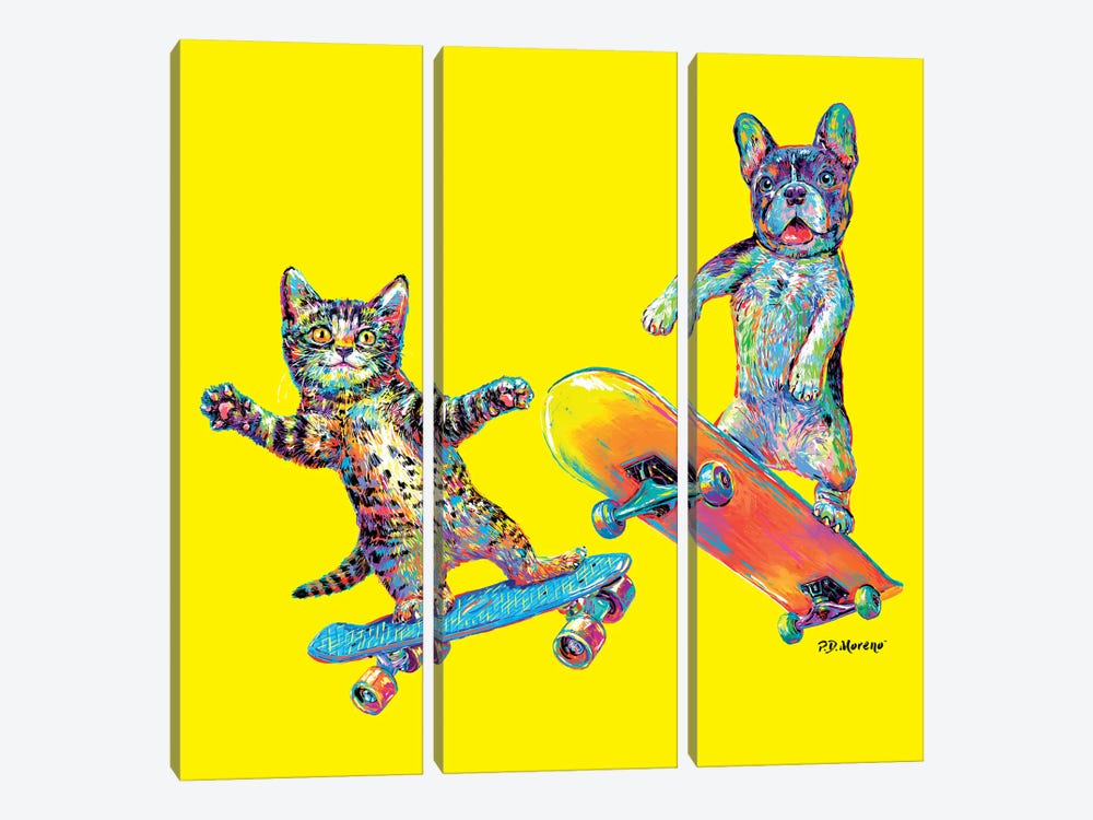 Couple Skateboards In Yellow by P.D. Moreno 3-piece Canvas Print