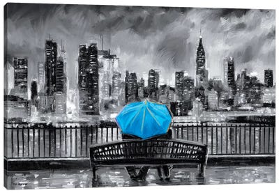 NY In Love In Blue Canvas Art Print - Black, White & Blue Art