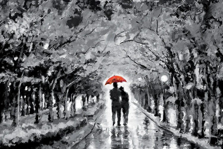 Romantic Couple walking under rain Red Umbrella Photo Print On Framed Canvas Art 