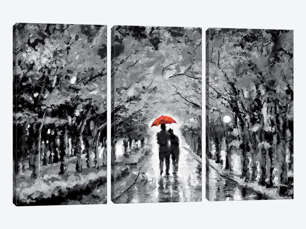 Park In Love Red Umbrella by P.D. Moreno 3-piece Canvas Print
