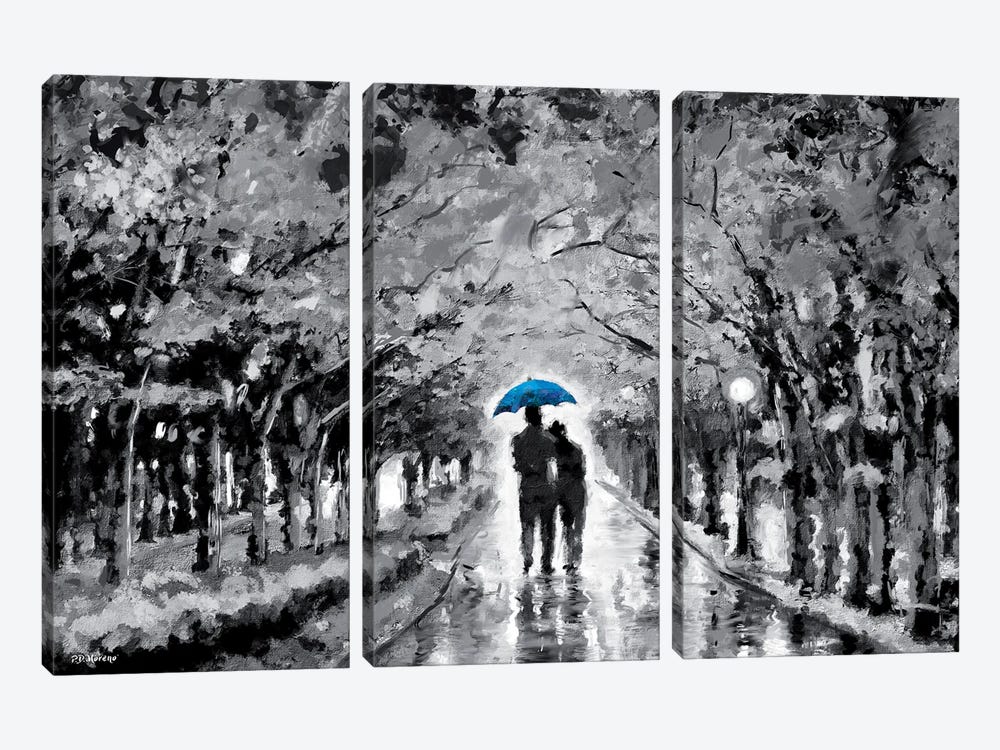 Park In Love Blue Umbrella by P.D. Moreno 3-piece Canvas Wall Art