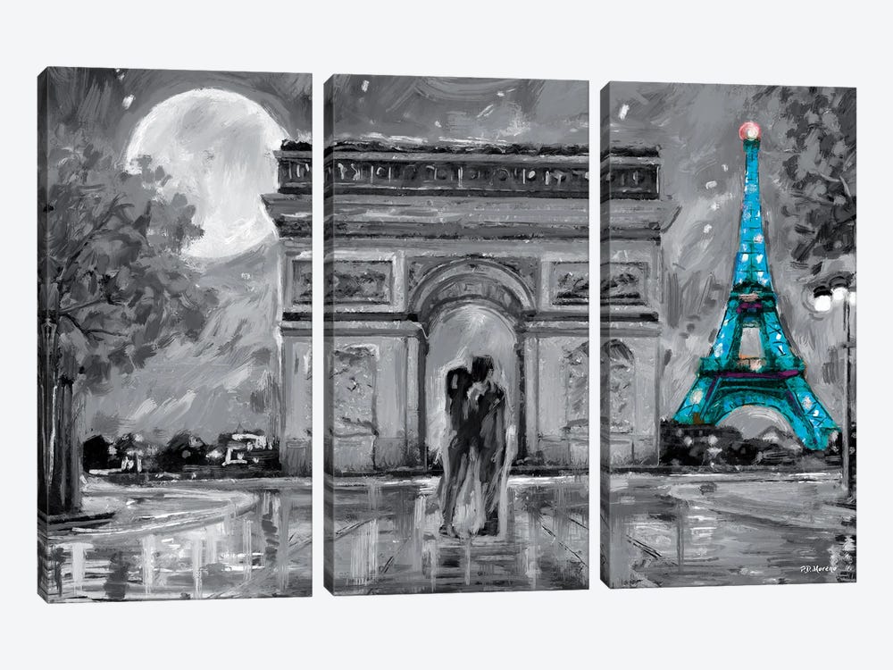 Paris In Love Blue Eiffel Tower by P.D. Moreno 3-piece Canvas Art Print