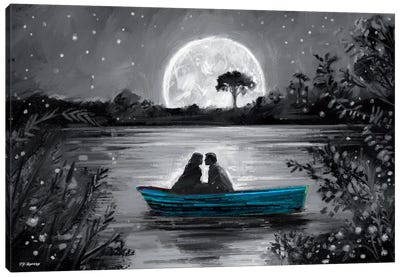 Love In Boat Blue Canvas Art Print - Moon Art