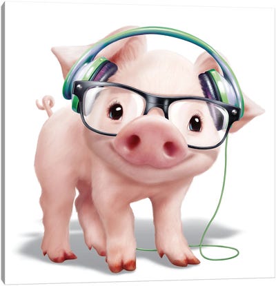 Pig With Headphones Canvas Art Print - Pig Art