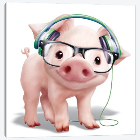Pig With Headphones Canvas Print #PDM187} by P.D. Moreno Canvas Art Print