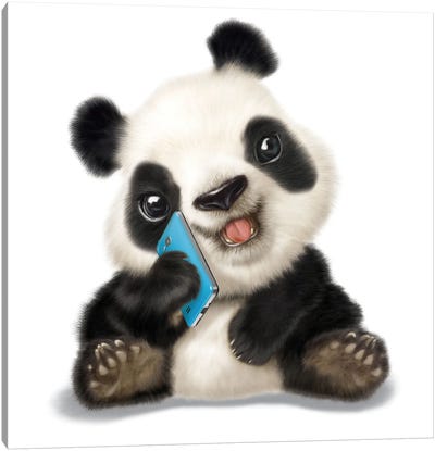 Panda With Phone Canvas Art Print - Panda Art