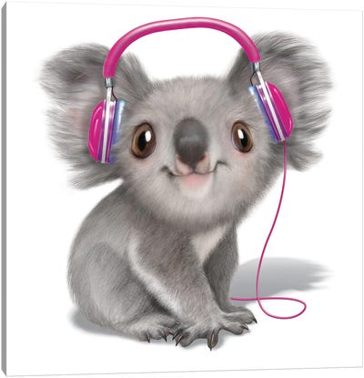 Koala With Heaphones Canvas Art Print - Koala Art