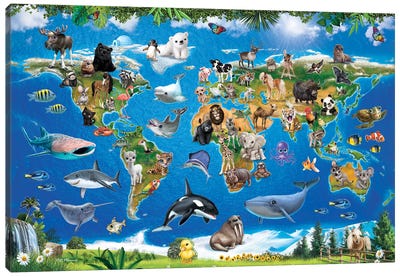 Animal Club World Map Canvas Art Print - Parrot Art
