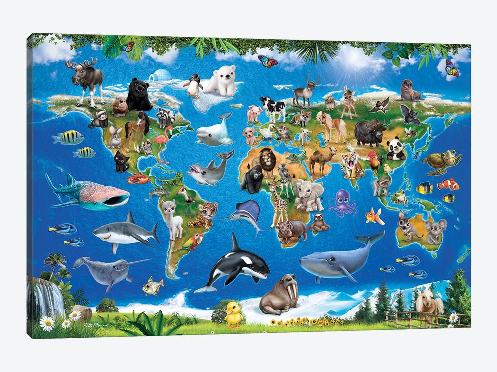 Animal Club World Map by P.D. Moreno 1-piece Canvas Artwork