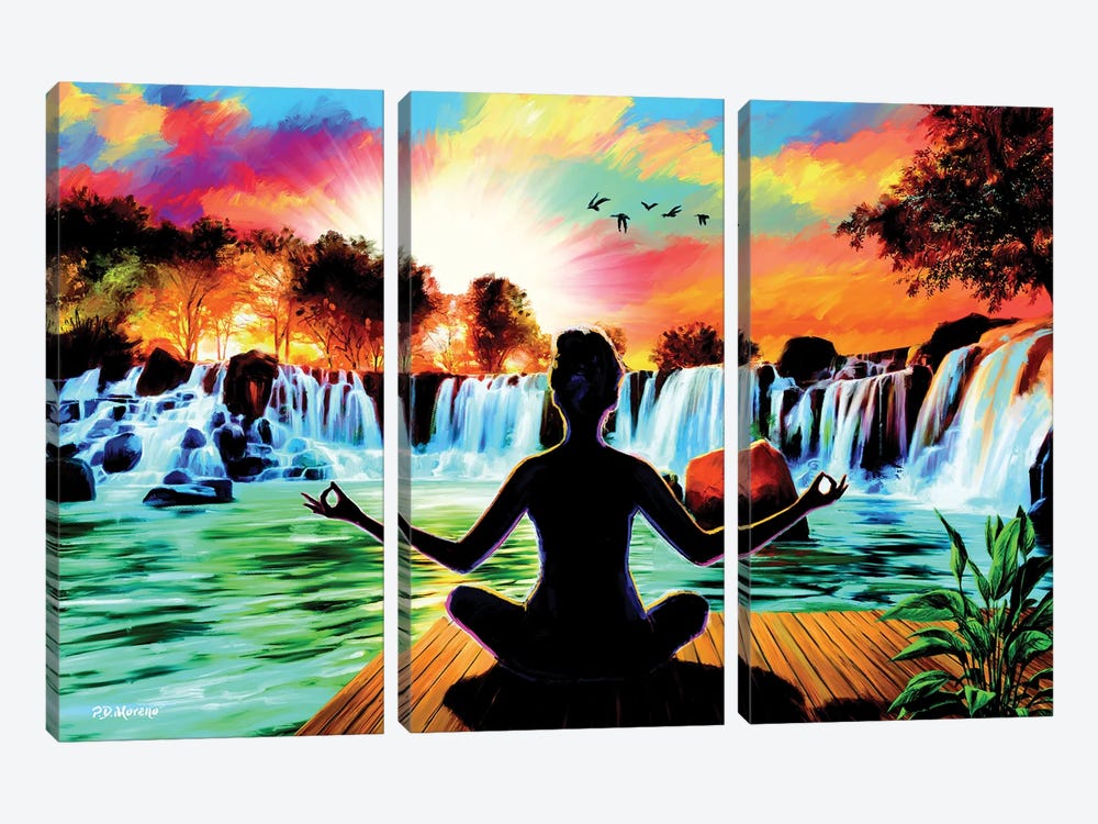 Waterfall Meditation Yoga by P.D. Moreno 3-piece Canvas Artwork