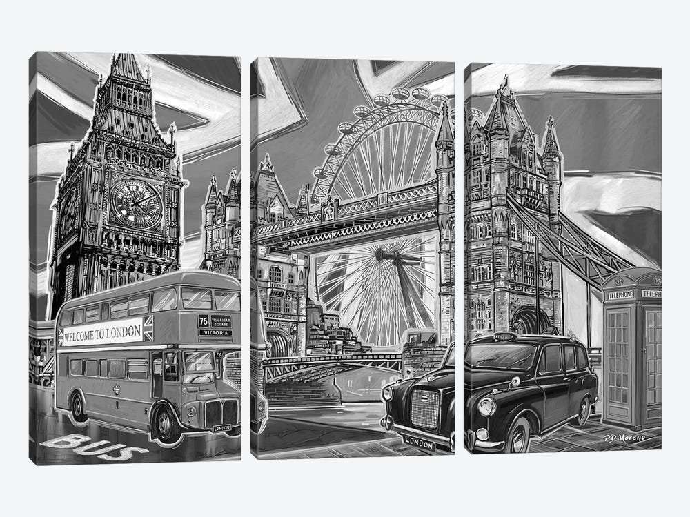 London Pop Art Black & White II by P.D. Moreno 3-piece Canvas Art Print