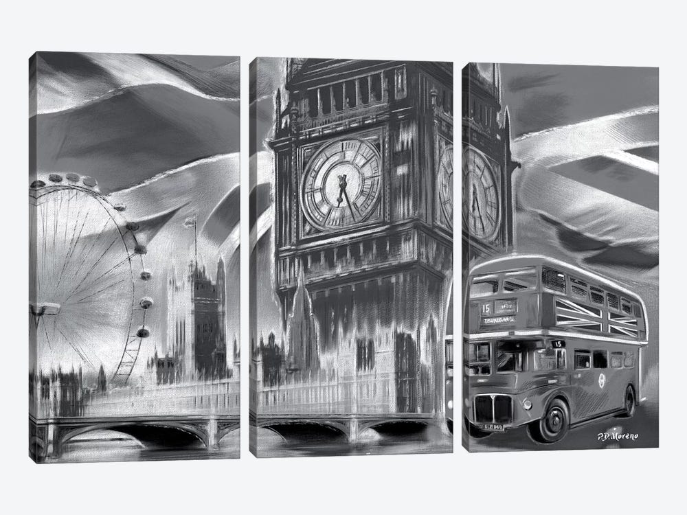 London Pop Colors Black & White by P.D. Moreno 3-piece Canvas Art Print