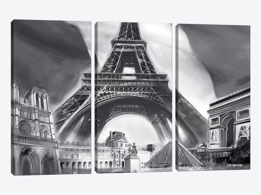 Paris Pop Colors Black & White by P.D. Moreno 3-piece Canvas Wall Art