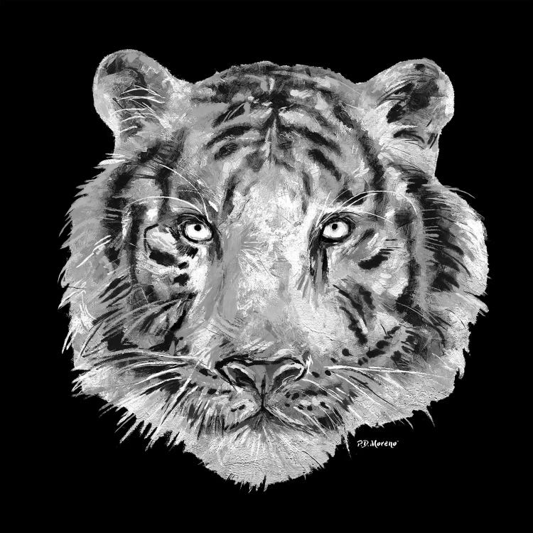 Tiger Head In Black And White by P.D. Moreno wall art