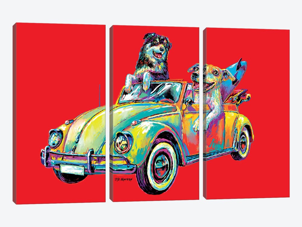 Couple Car In Red by P.D. Moreno 3-piece Canvas Art Print
