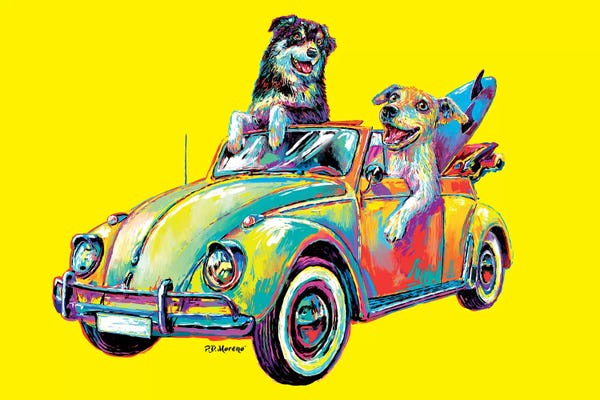 Kids Transportation Art: Couple Car In Yellow by P.D. Moreno