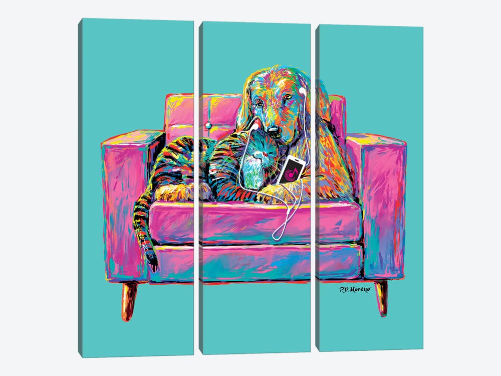 Couple Chair In Aqua by P.D. Moreno 3-piece Canvas Wall Art